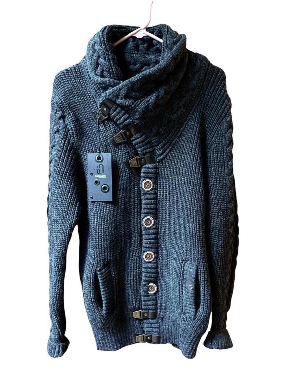 NWT Leif Nelson Men's Dark Gray Cable Knit Toggle Cardigan Shawl Turtleneck L
